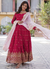Regal Raspberry Pink Anarkali Gown with Embroidered Dupatta