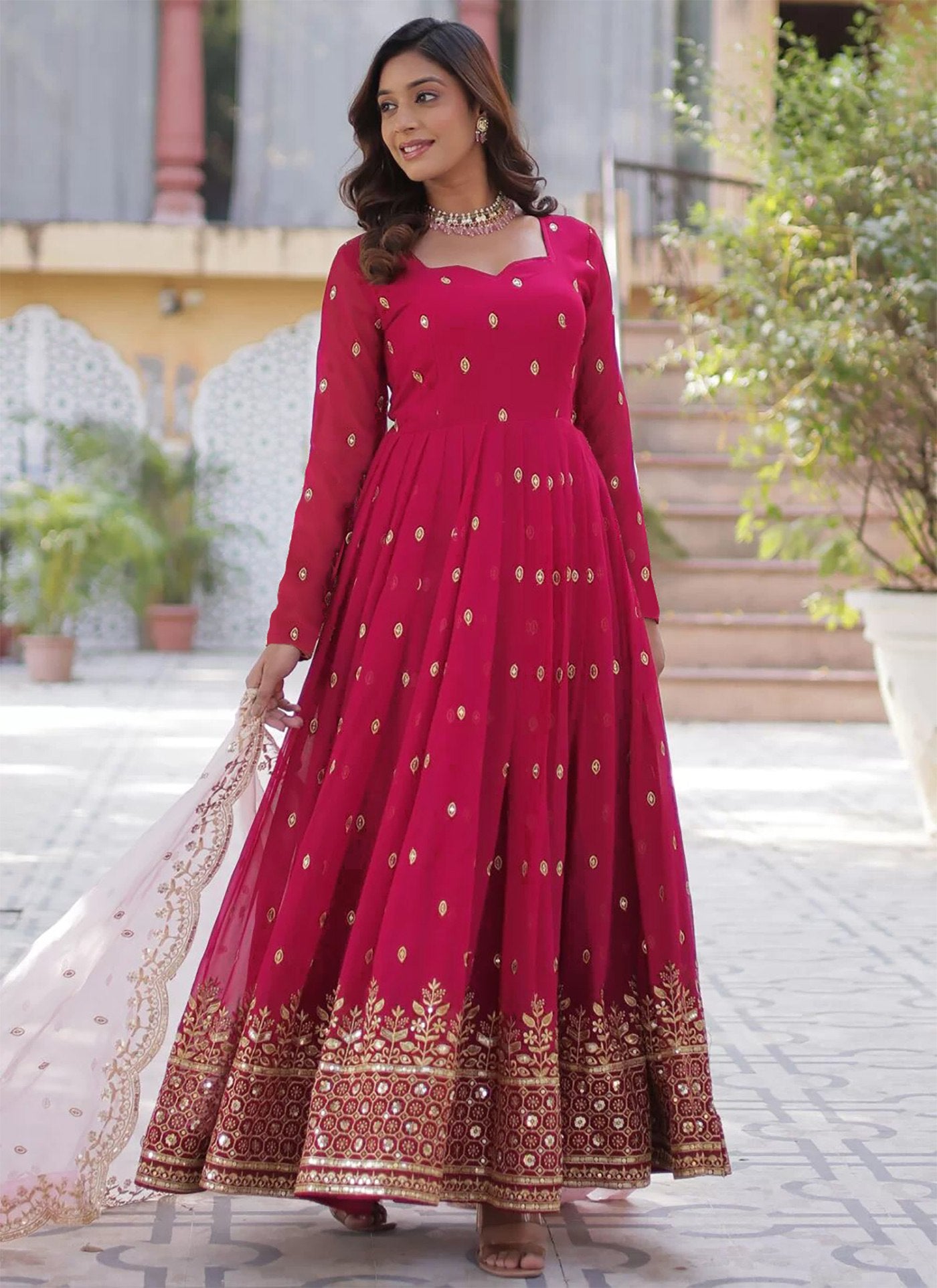 Regal Raspberry Pink Anarkali Gown with Embroidered Dupatta