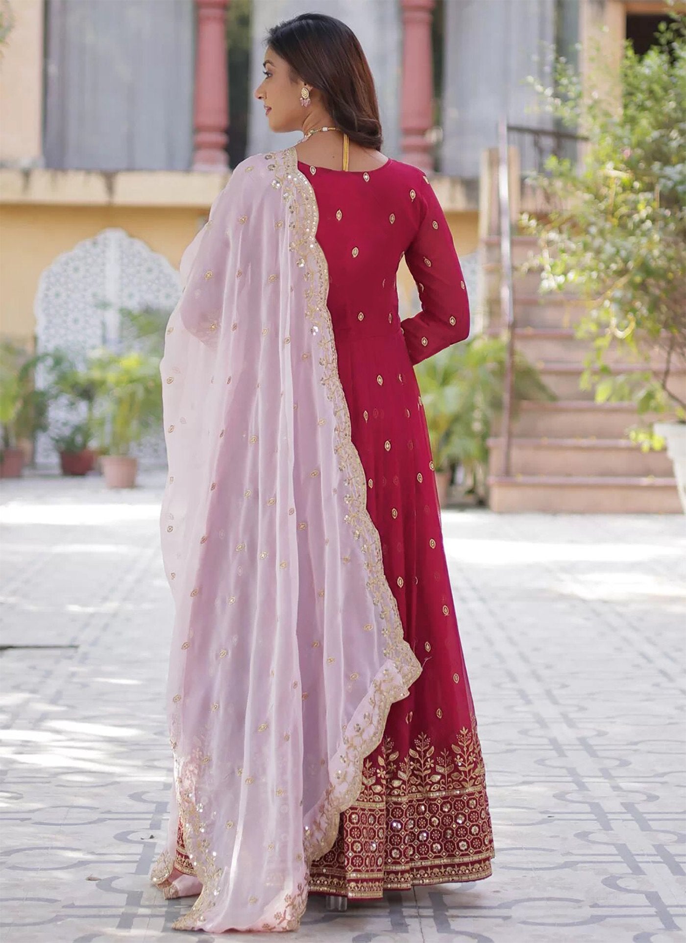 Regal Raspberry Pink Anarkali Gown with Embroidered Dupatta