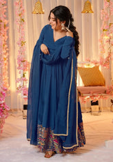 Elegant Royal Blue Embroidered Anarkali Gown with Dupatta