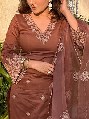 brown embroidered kurta set with dupatta, graceful ethnic wear for women