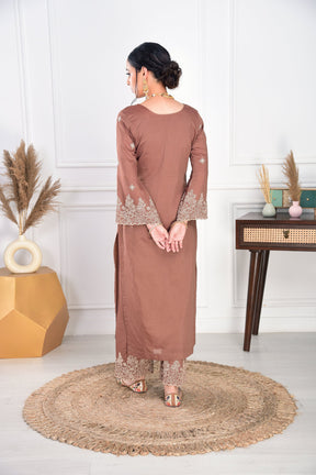 brown embroidered kurta set with dupatta, graceful ethnic wear for women