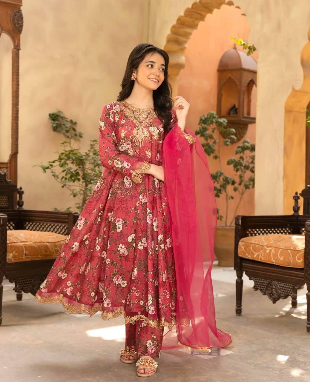 Girls Rose Pink Floral Anarkali Suit with Dupatta and Pants