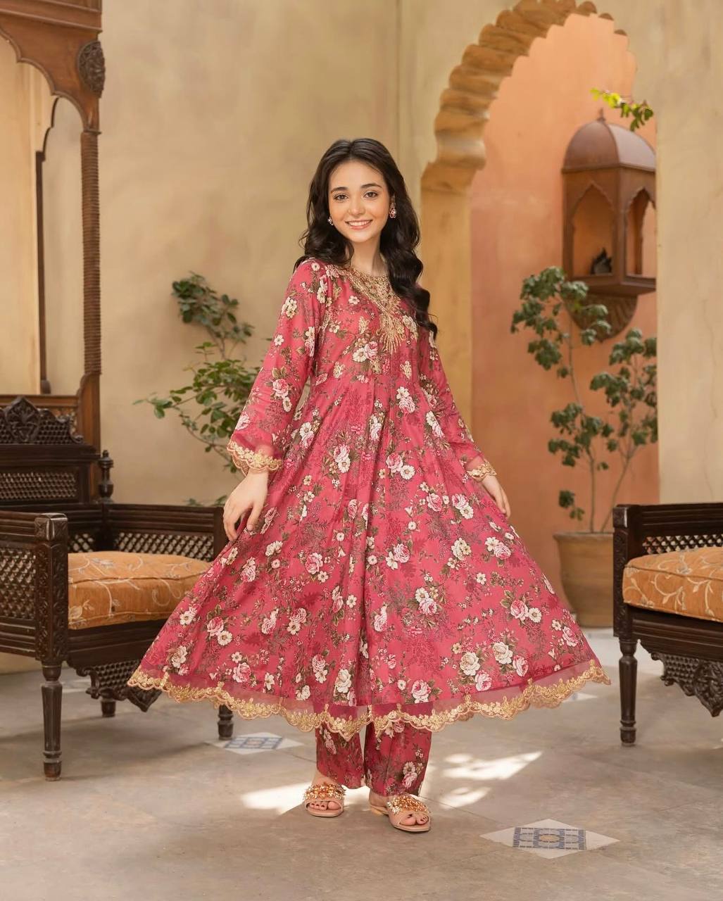 Girls Rose Pink Floral Anarkali Suit with Dupatta and Pants