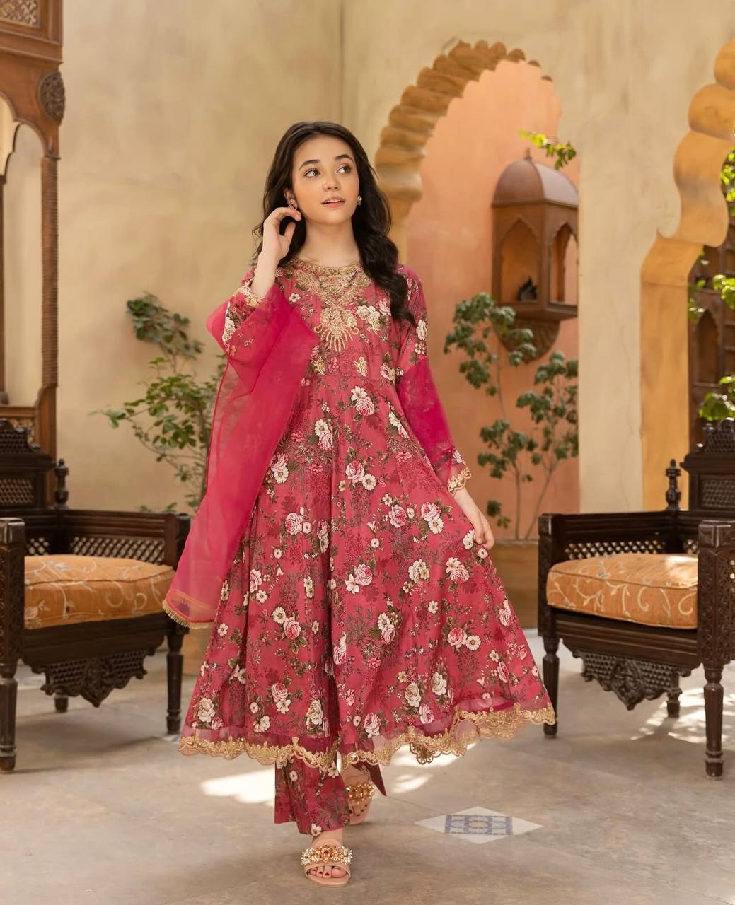Girls Rose Pink Floral Anarkali Suit with Dupatta and Pants