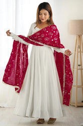 Stunning White Anarkali with Embroidered Maroon Dupatta