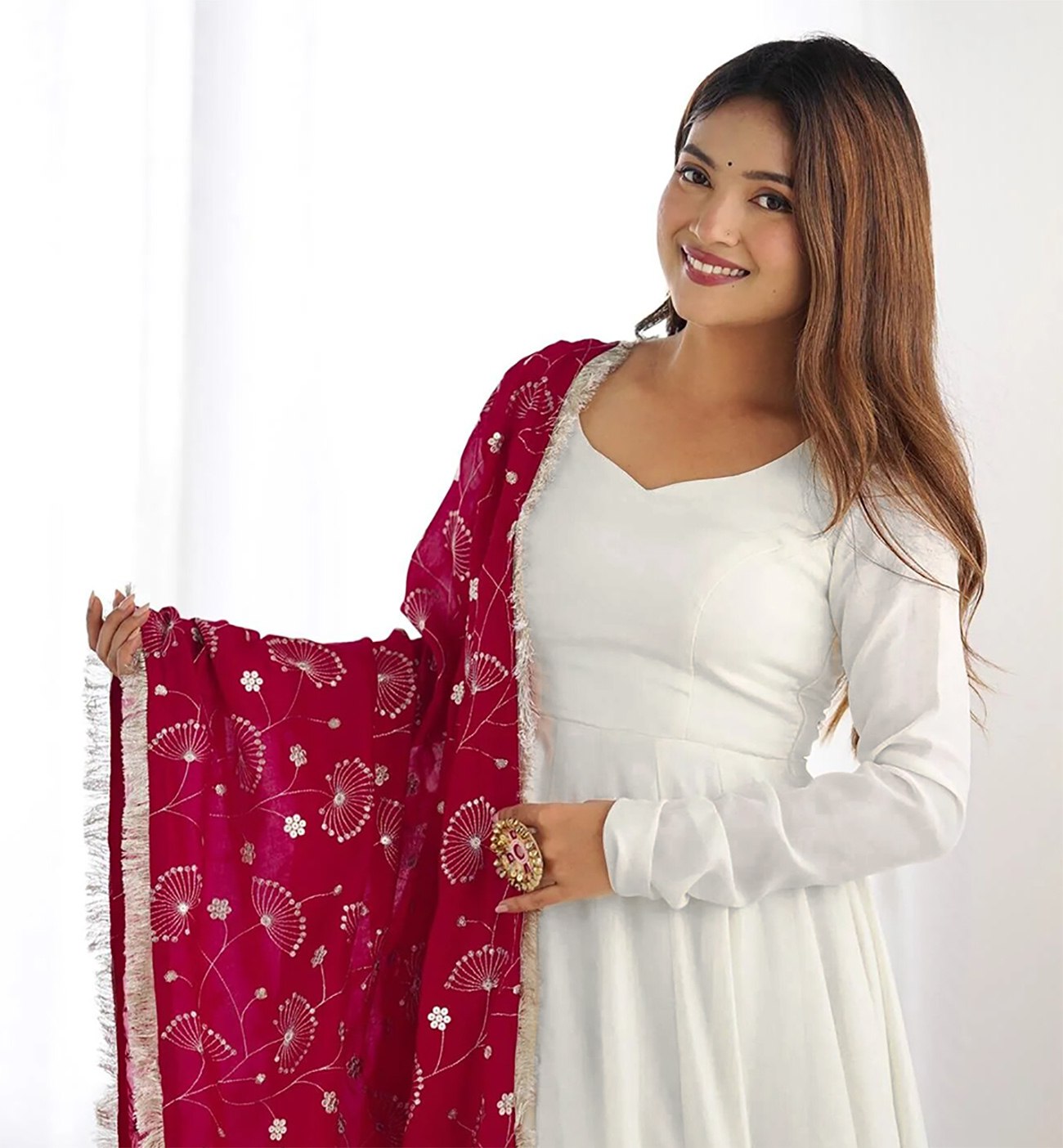 Stunning White Anarkali with Embroidered Maroon Dupatta