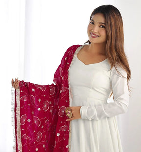 Stunning White Anarkali with Embroidered Maroon Dupatta
