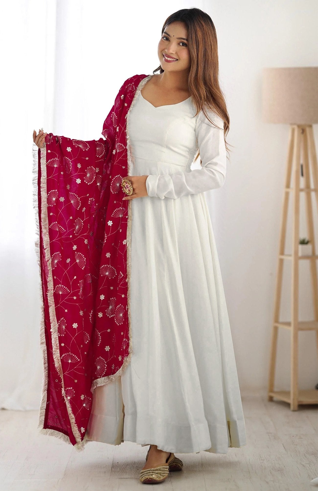 Stunning White Anarkali with Embroidered Maroon Dupatta