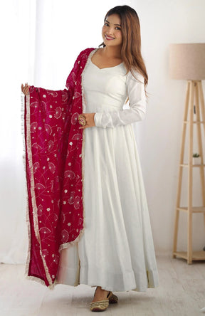 Stunning White Anarkali with Embroidered Maroon Dupatta
