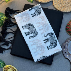 Black Cotton Saree with Printed Blouse – Soft & Breathable Fabric