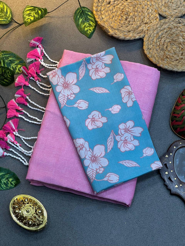 Pink Cotton Saree with Printed Blouse – Soft & Breathable Fabric