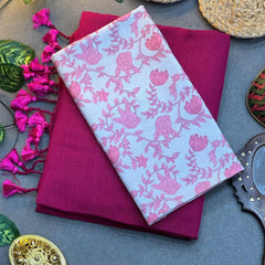 Rani Pink Cotton Saree with Printed Blouse – Soft & Breathable Fabric