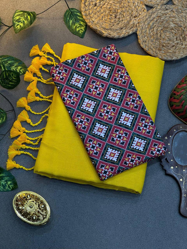 Yellow Cotton Saree with Printed Blouse – Soft & Breathable Fabric