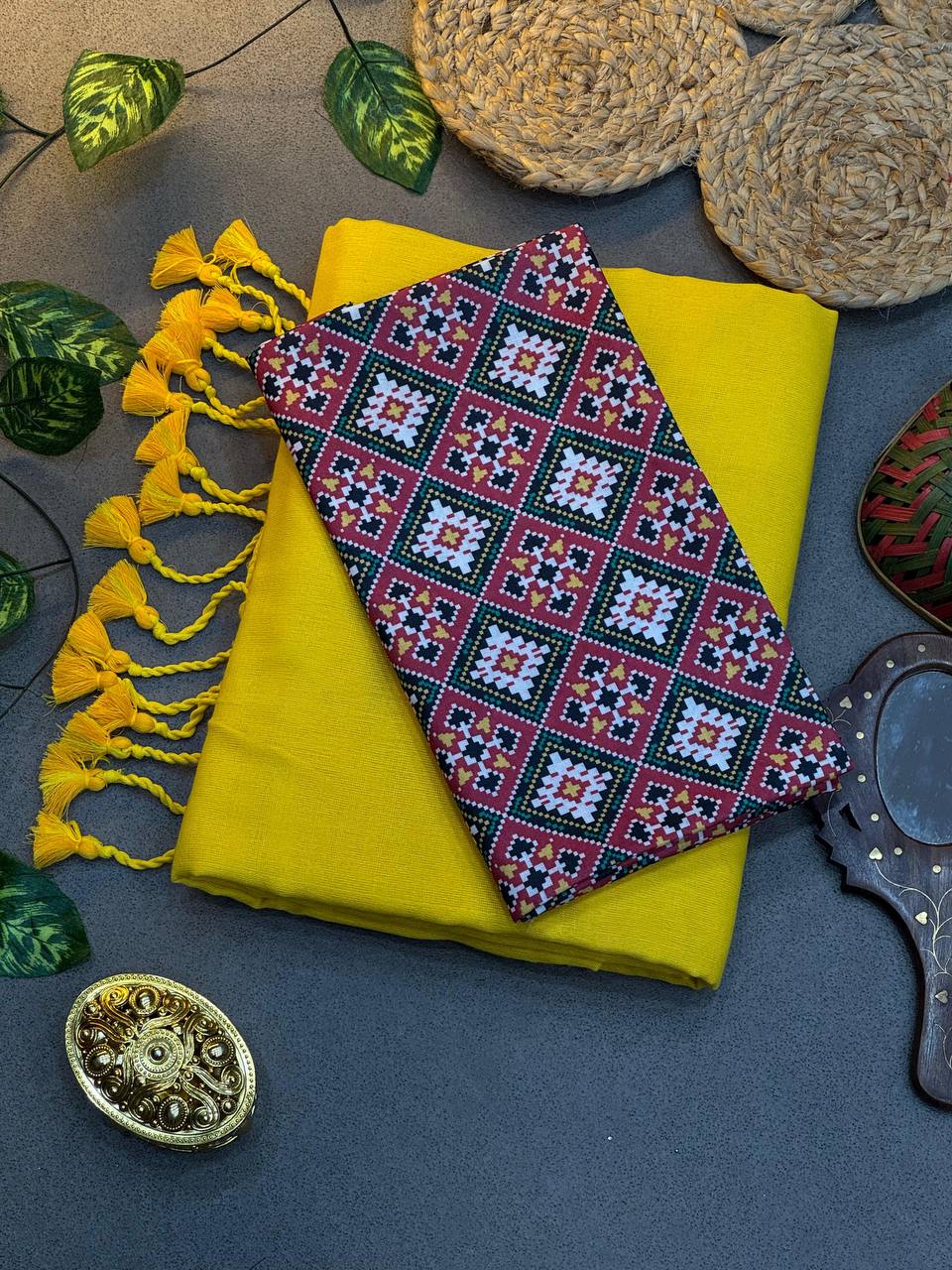 Yellow Cotton Saree with Printed Blouse – Soft & Breathable Fabric