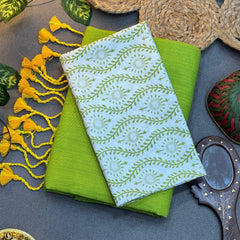 Parrot Green Cotton Saree with Printed Blouse – Soft & Breathable Fabric