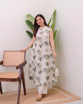 Off White & Olive Green Floral Printed Sleeveless Long Kurta with Palazzo