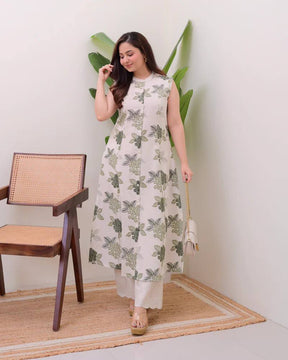 Off White & Olive Green Floral Printed Sleeveless Long Kurta with Palazzo