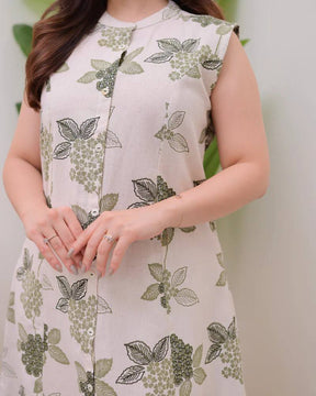 Off White & Olive Green Floral Printed Sleeveless Long Kurta with Palazzo