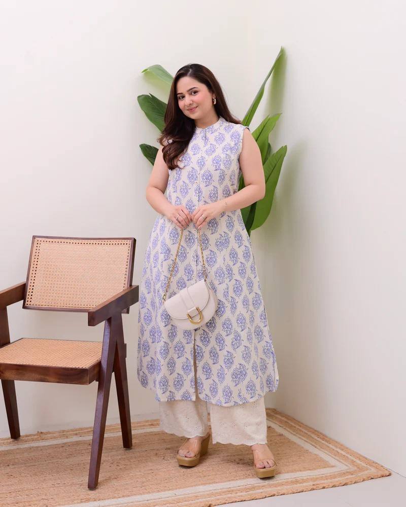 White & Blue Floral Printed Sleeveless Long Kurta with Palazzo