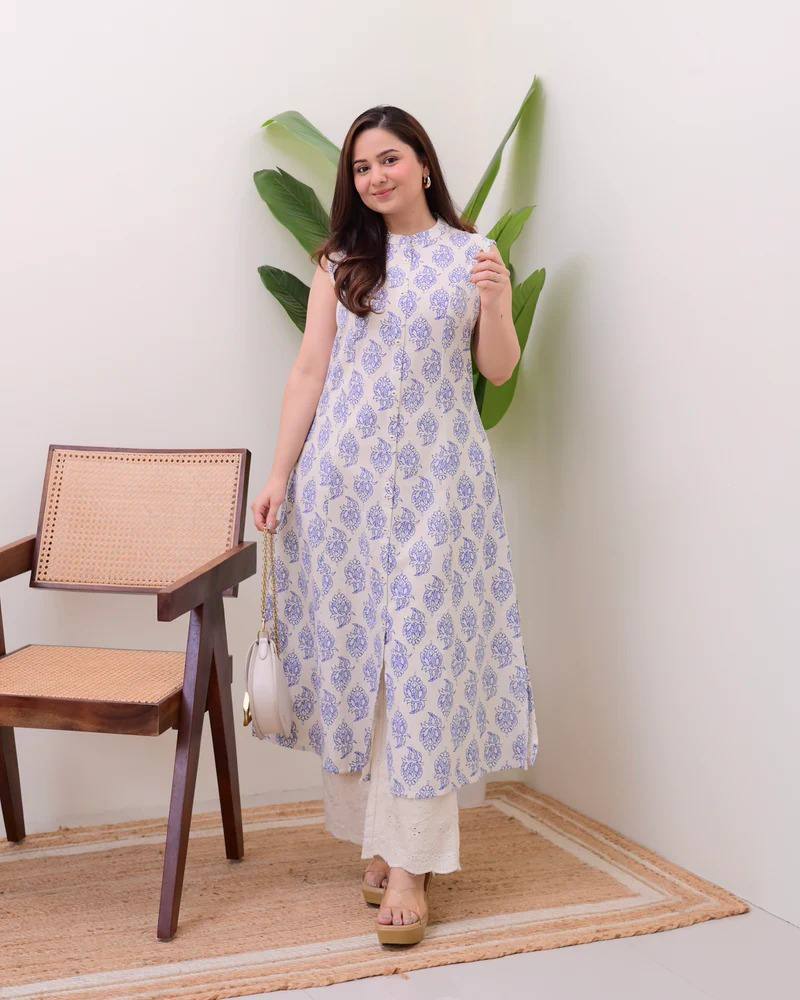 White & Blue Floral Printed Sleeveless Long Kurta with Palazzo