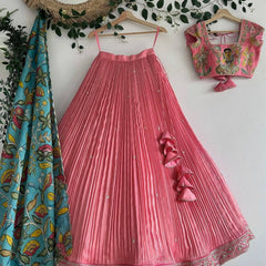 Girls Pink Pleated Lehenga Choli with Embroidered Blouse and Printed Dupatta