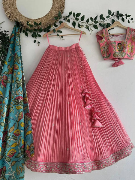 Girls Pink Pleated Lehenga Choli with Embroidered Blouse and Printed Dupatta