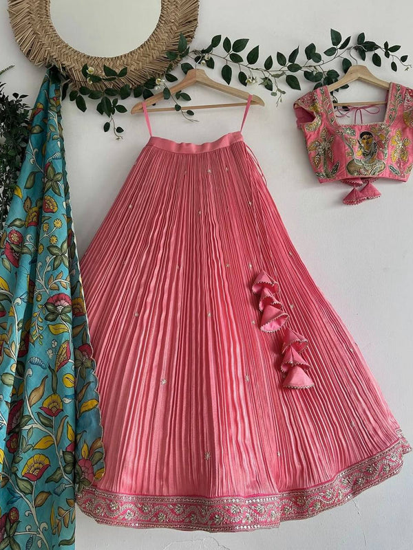 Girls Pink Pleated Lehenga Choli with Embroidered Blouse and Printed Dupatta