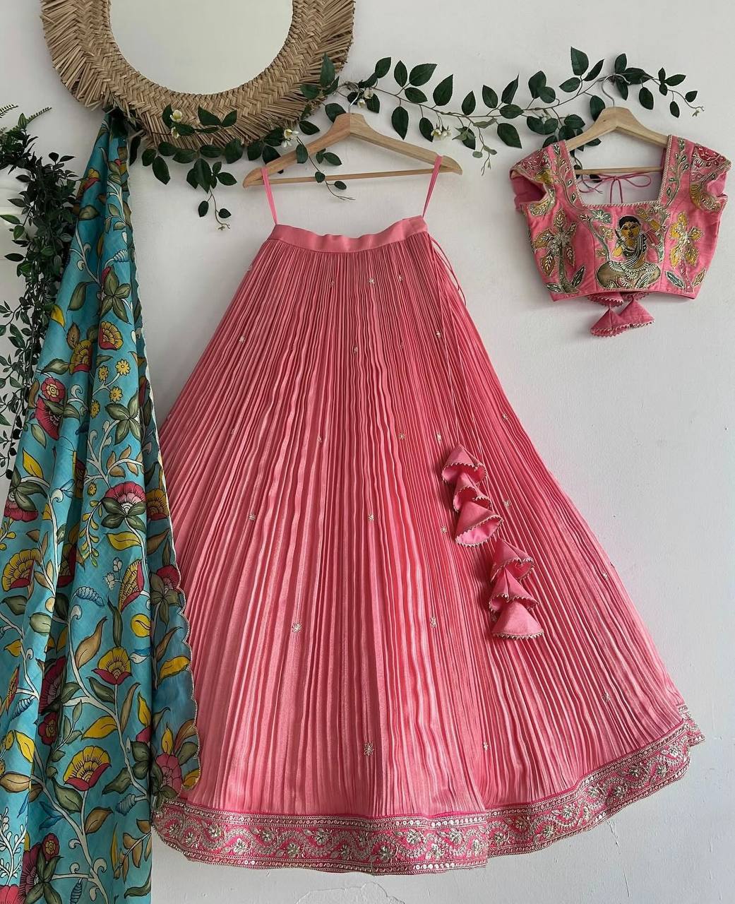 Girls Pink Pleated Lehenga Choli with Embroidered Blouse and Printed Dupatta