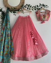 Girls Pink Pleated Lehenga Choli with Embroidered Blouse and Printed Dupatta