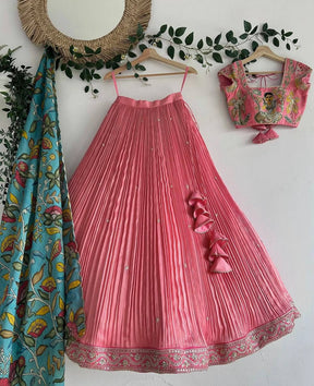 Girls Pink Pleated Lehenga Choli with Embroidered Blouse and Printed Dupatta