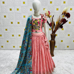 Girls Pink Pleated Lehenga Choli with Embroidered Blouse and Printed Dupatta