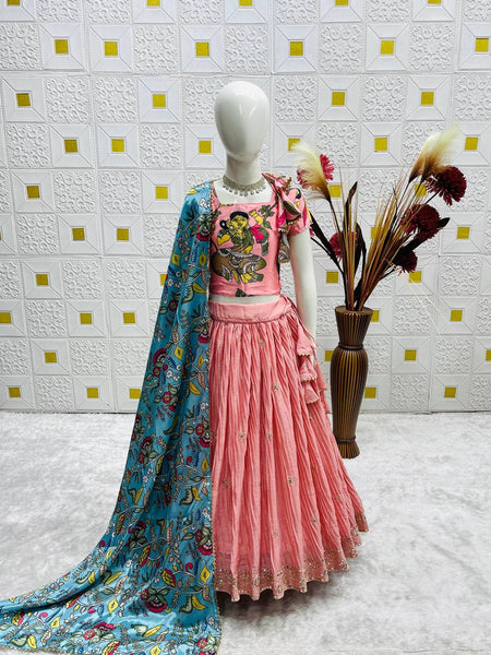 Girls Pink Pleated Lehenga Choli with Embroidered Blouse and Printed Dupatta
