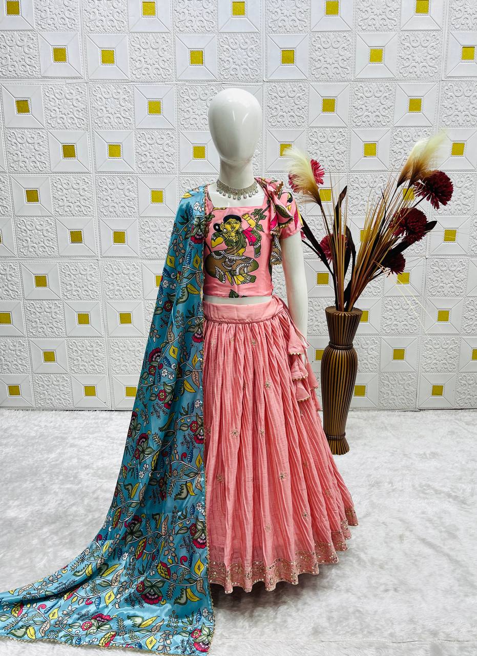 Girls Pink Pleated Lehenga Choli with Embroidered Blouse and Printed Dupatta
