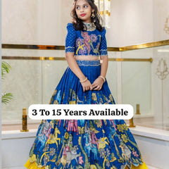 Girls Royal Blue Traditional Printed Lehenga Choli Set with Yellow Flair