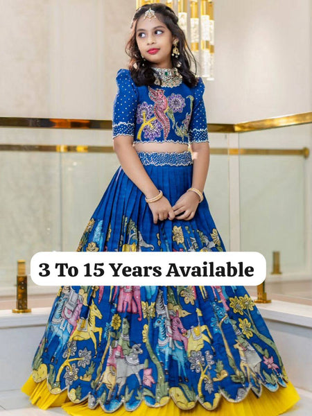 Girls Royal Blue Traditional Printed Lehenga Choli Set with Yellow Flair