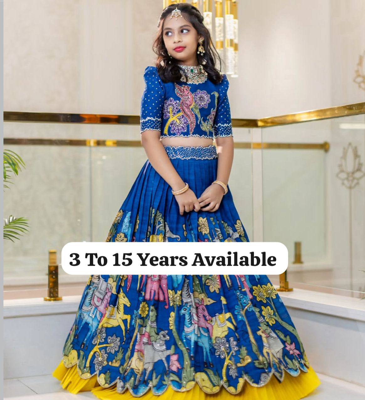 Girls Royal Blue Traditional Printed Lehenga Choli Set with Yellow Flair