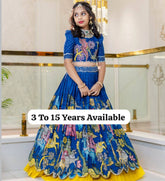 Girls Royal Blue Traditional Printed Lehenga Choli Set with Yellow Flair