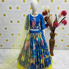 Girls Royal Blue Traditional Printed Lehenga Choli Set with Yellow Flair