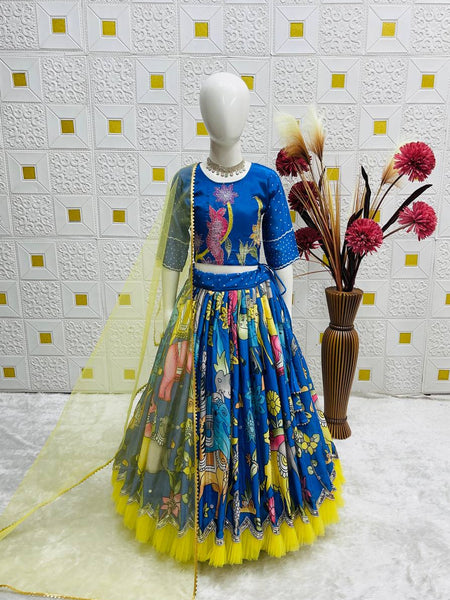 Girls Royal Blue Traditional Printed Lehenga Choli Set with Yellow Flair