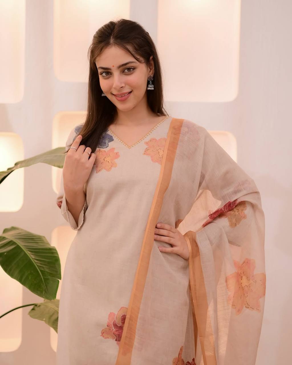 Beige Floral Printed Kurta Set with Mustard Palazzo & Dupatta
