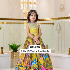 Girls Premium Yellow Printed Ethnic Gown with Pink Pleated Flair