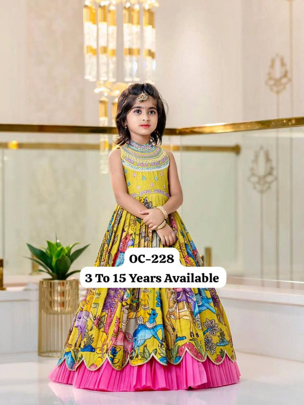 Girls Premium Yellow Printed Ethnic Gown with Pink Pleated Flair
