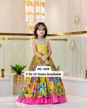 Girls Premium Yellow Printed Ethnic Gown with Pink Pleated Flair