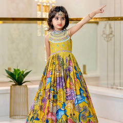 Girls Premium Yellow Printed Ethnic Gown with Pink Pleated Flair