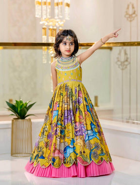 Girls Premium Yellow Printed Ethnic Gown with Pink Pleated Flair