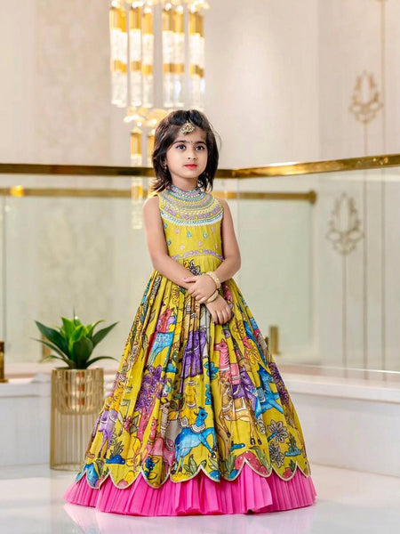 Girls Premium Yellow Printed Ethnic Gown with Pink Pleated Flair