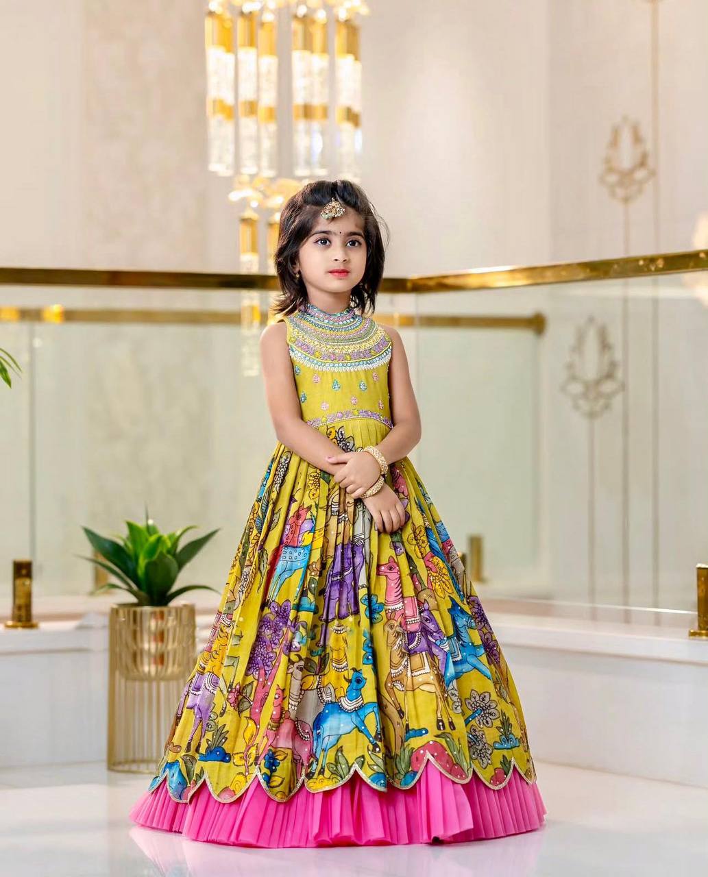 Girls Premium Yellow Printed Ethnic Gown with Pink Pleated Flair