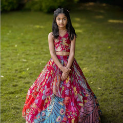 Girls Designer Peacock Print Lehenga Choli Set