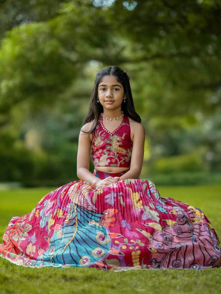 Girls Designer Peacock Print Lehenga Choli Set